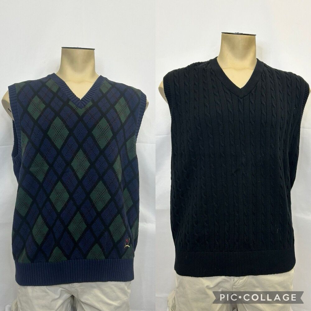 (2) Tommy Hilfiger Cotton Knit Green/Navy Argyle & Black Sweater Vests Lot XL FS